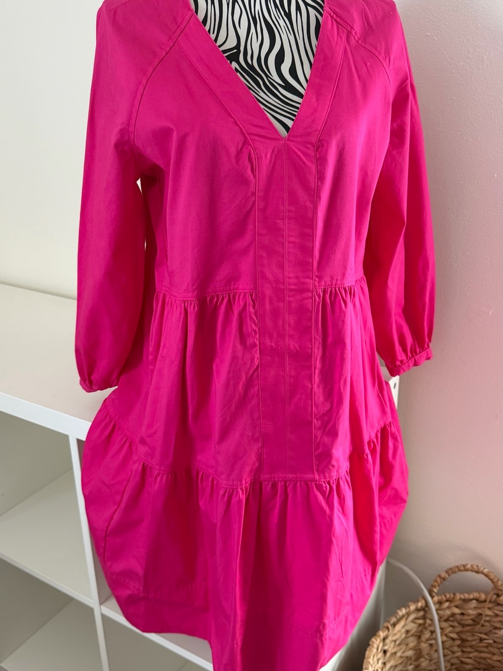 Women's V-Neck Tiered Midi Dress in Hot Pink